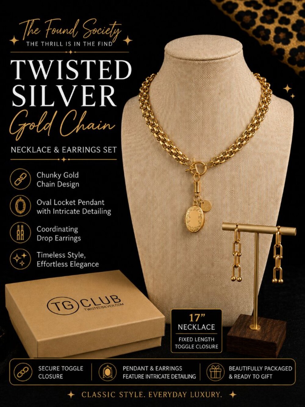 Twisted Silver Gold Chain Necklace & Earrings Set-17" Toggle Necklace | NIB